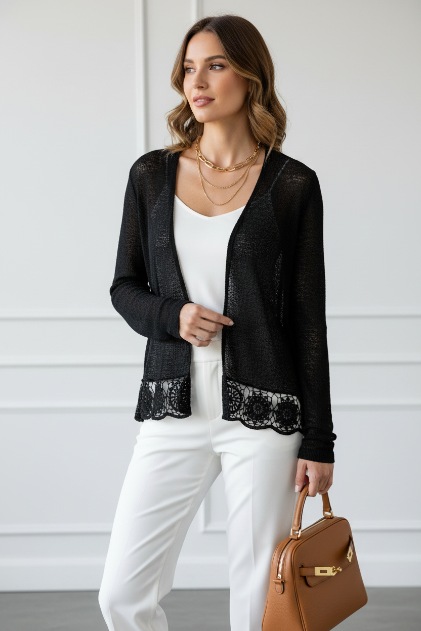 Chico's Crochet Lace Trim Lightweight Cardigan - Image 1