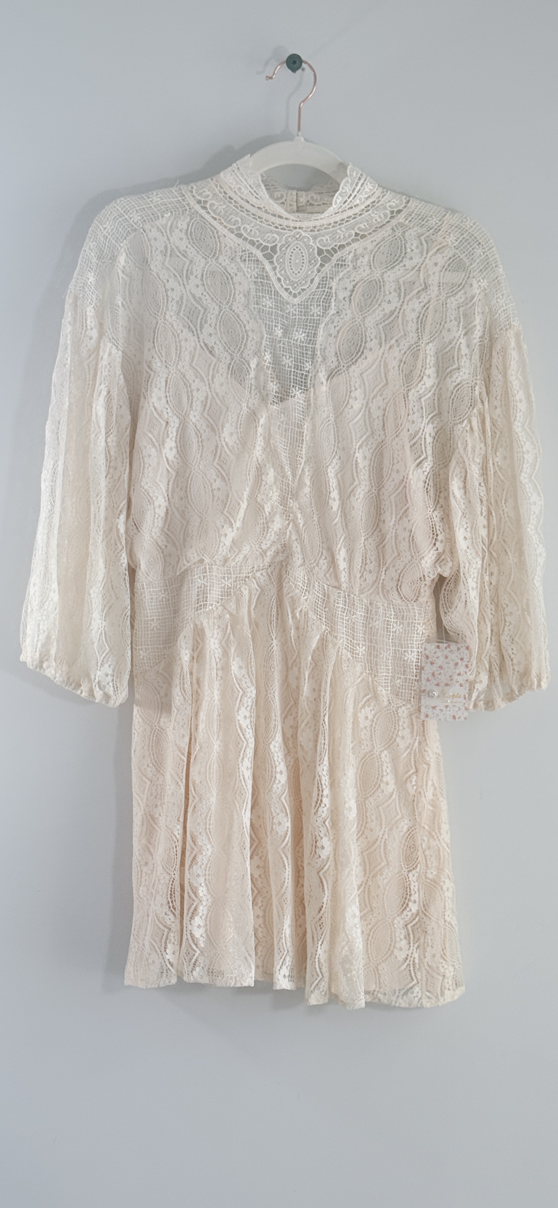 Free People Bittersweet Lace Boho Highneck Ivory Mini Dress thumbnail 2