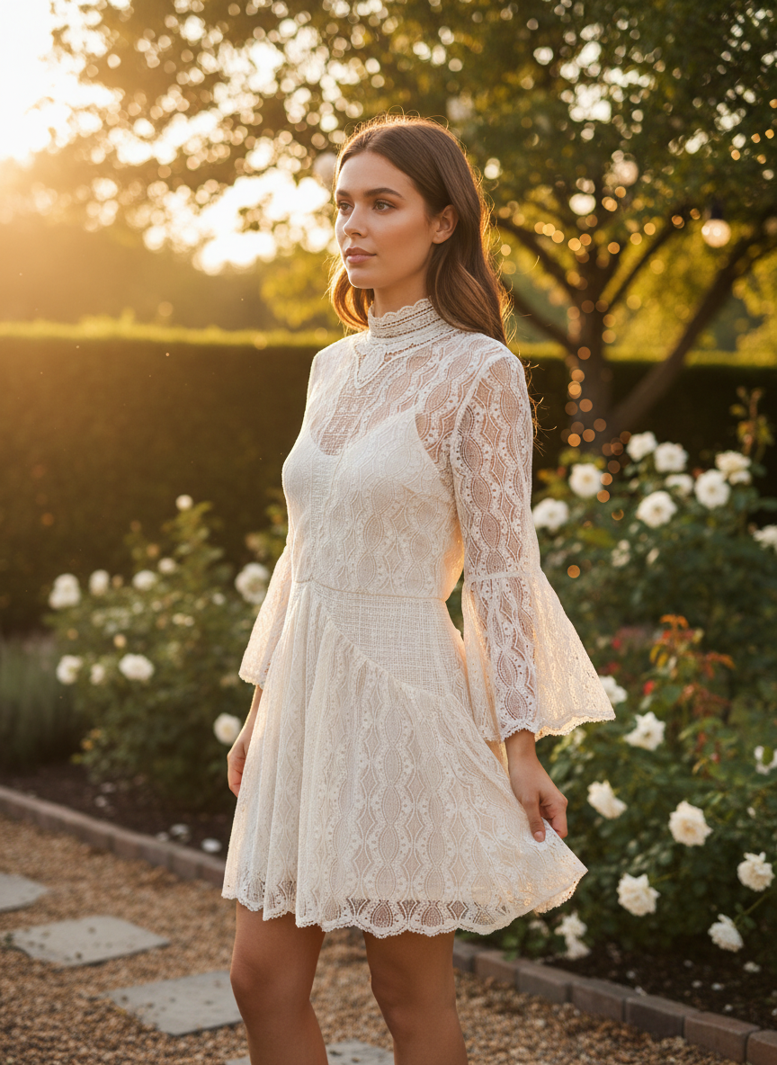 Free People Bittersweet Lace Boho Highneck Ivory Mini Dress - Image 1