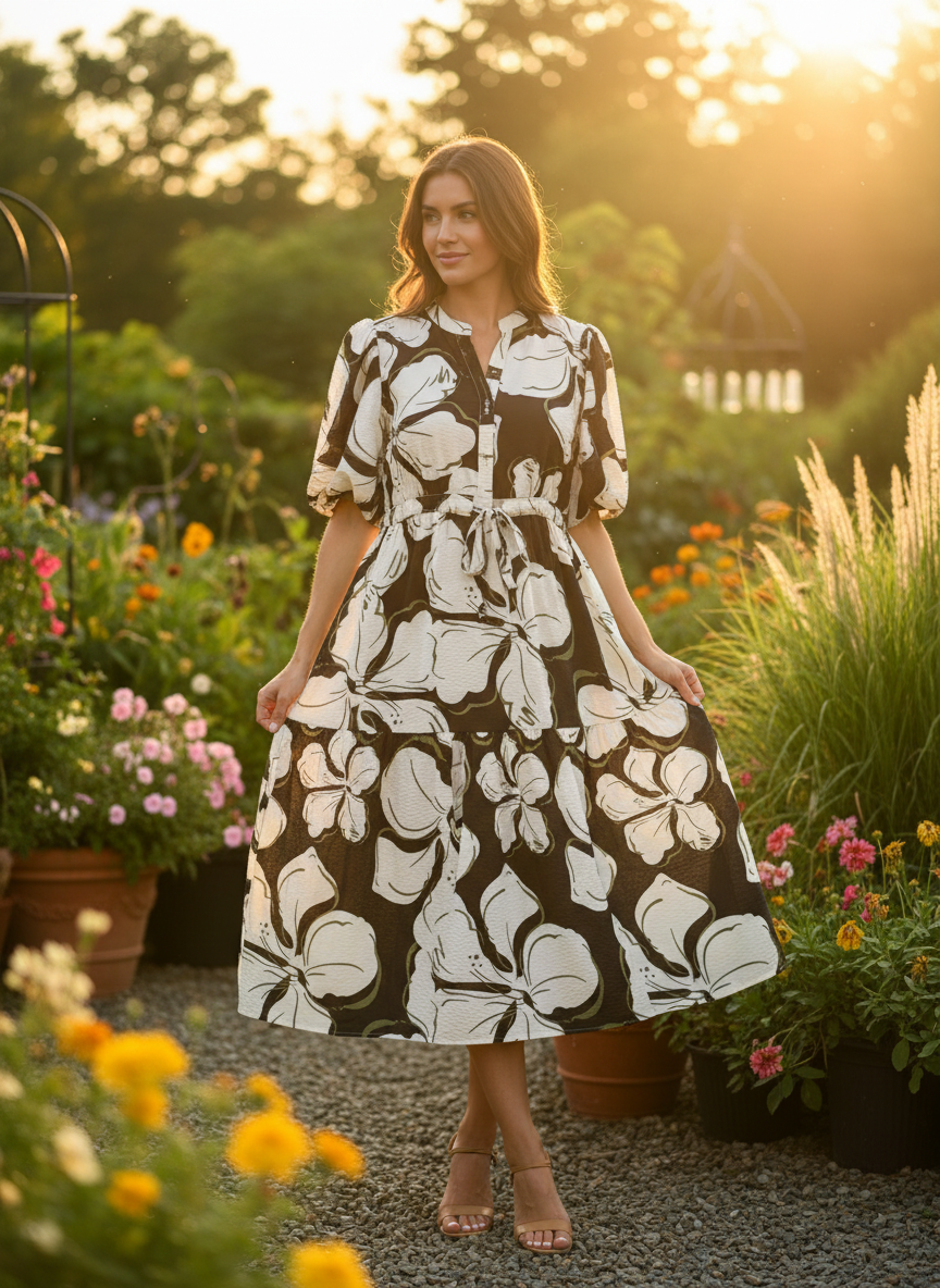 GiGiO Bubble Sleeve Midi Dress with Waist Tie - Image 1