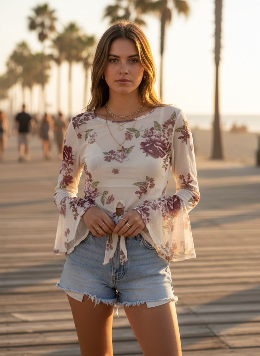 Cleo Sheer Floral Tie-Front Bell Sleeve Blouse - Image 1