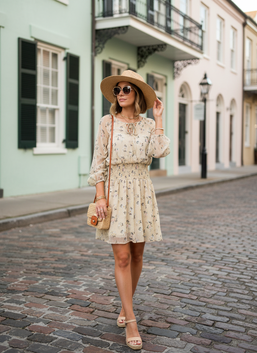 Easel Floral Printed Smocked Waist Dress - Image 1