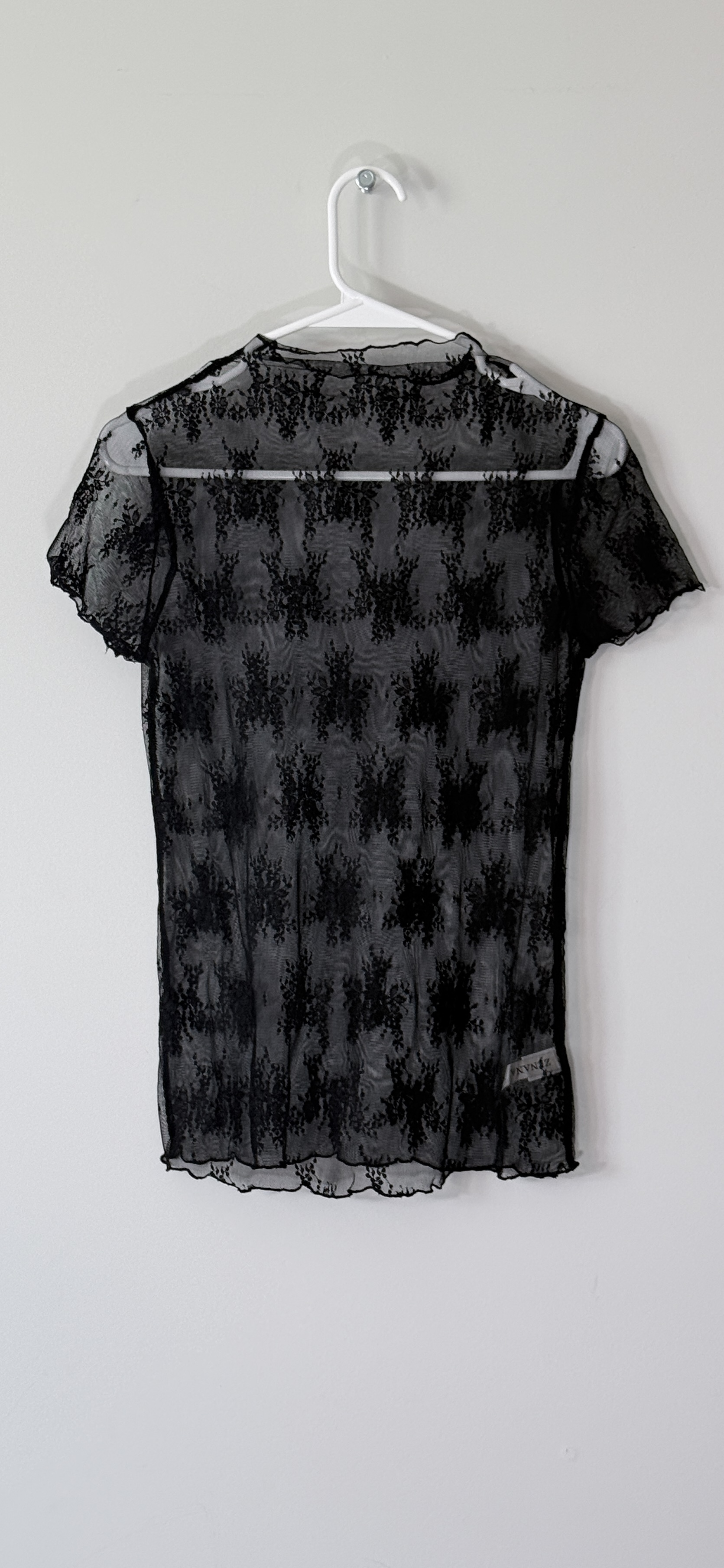 Zenana Sheer Floral Lace Mock Neck Top in Black thumbnail 3