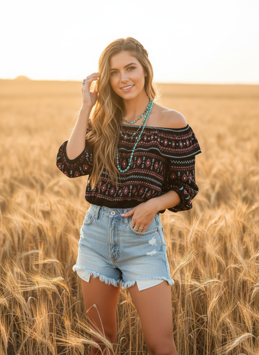 Savannah Jane Off-The-Shoulder Embroidered Boho Crop Top - Image 1