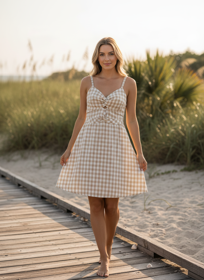 Promesa Tan Gingham Double Twist-Front Dress - Image 1