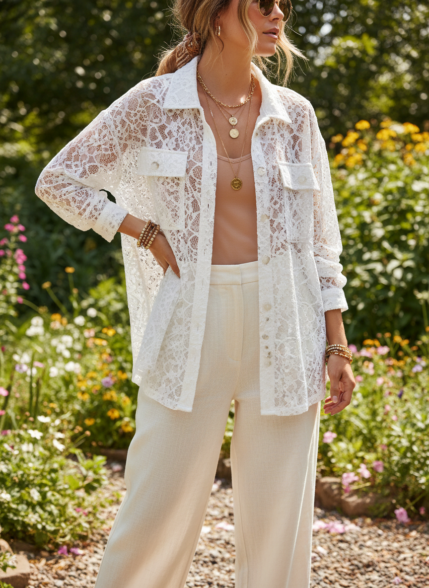 Andrée by Unit "Stick Together" White Lace Button-Up Shirt - Image 1