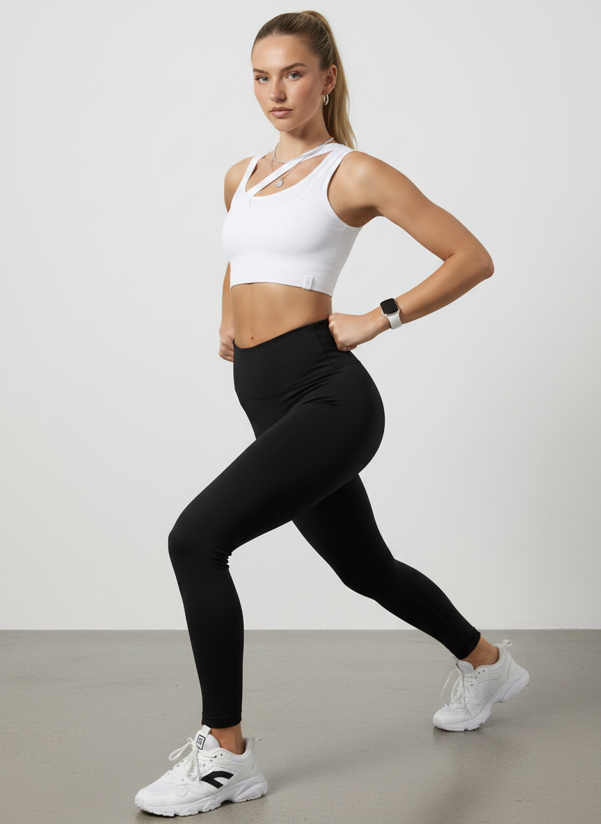 Bo+Tee Seamless Soft Rib Asymmetric Sports Bra in White - Image 1