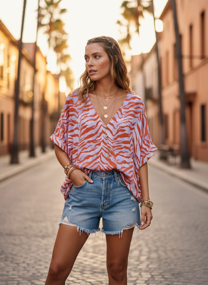 Jodifl Orange & Lavender Zebra-Print V-Neck Blouse - Image 1