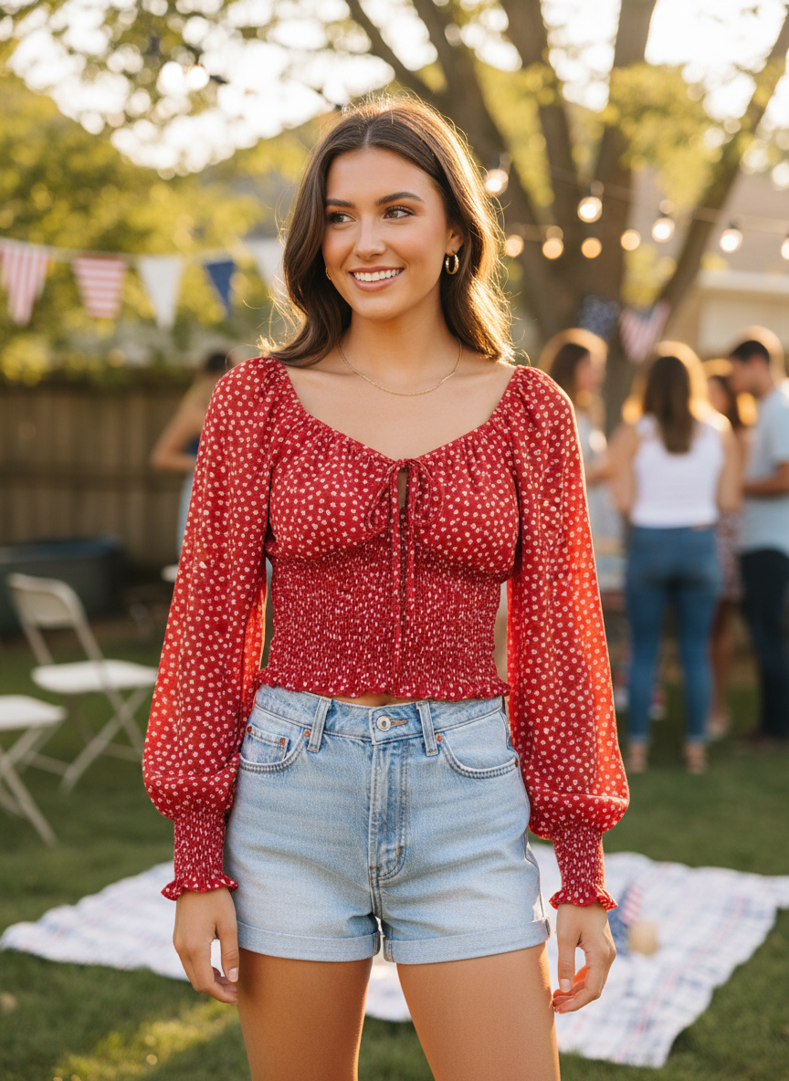 Sienna Sky Red Ditsy Floral Smocked Crop Top - Image 1