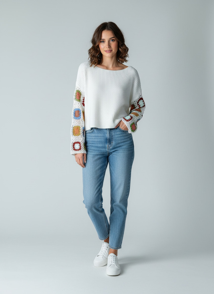 Vestique Crochet Statement Sleeve Ribbed Sweater thumbnail 2