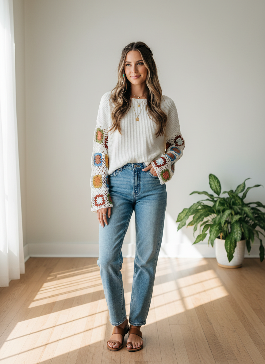 Vestique Crochet Statement Sleeve Ribbed Sweater - Image 1