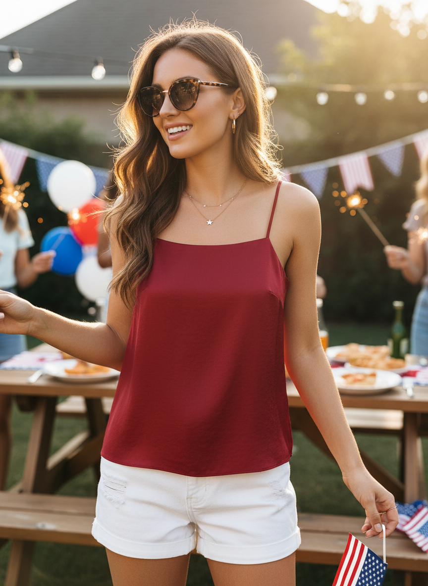 Red Square-Neck Satin Camisole Top - Image 1
