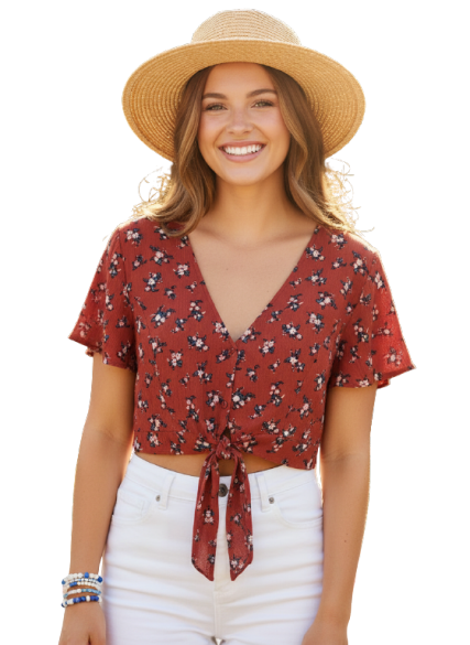 American Eagle Red Floral Tie-Front Crop Top thumbnail 2