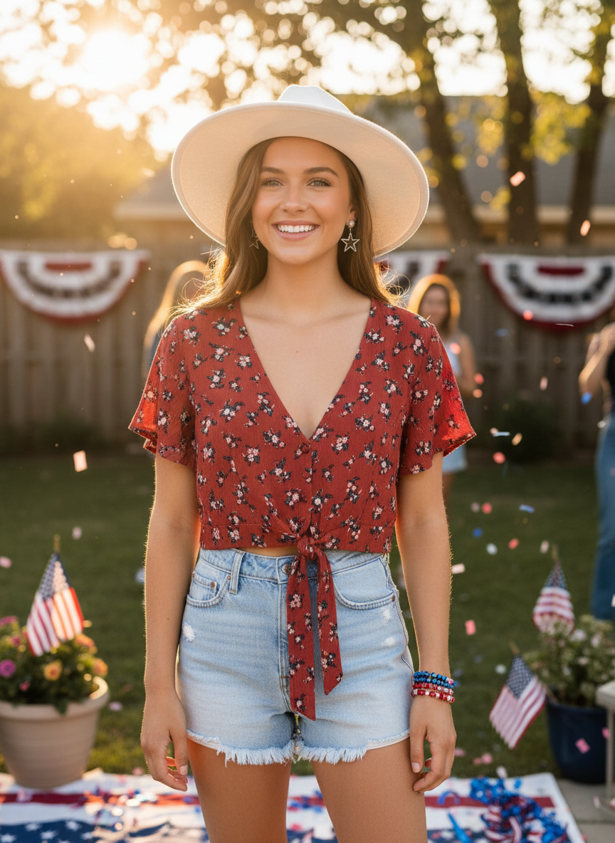 American Eagle Red Floral Tie-Front Crop Top - Image 1