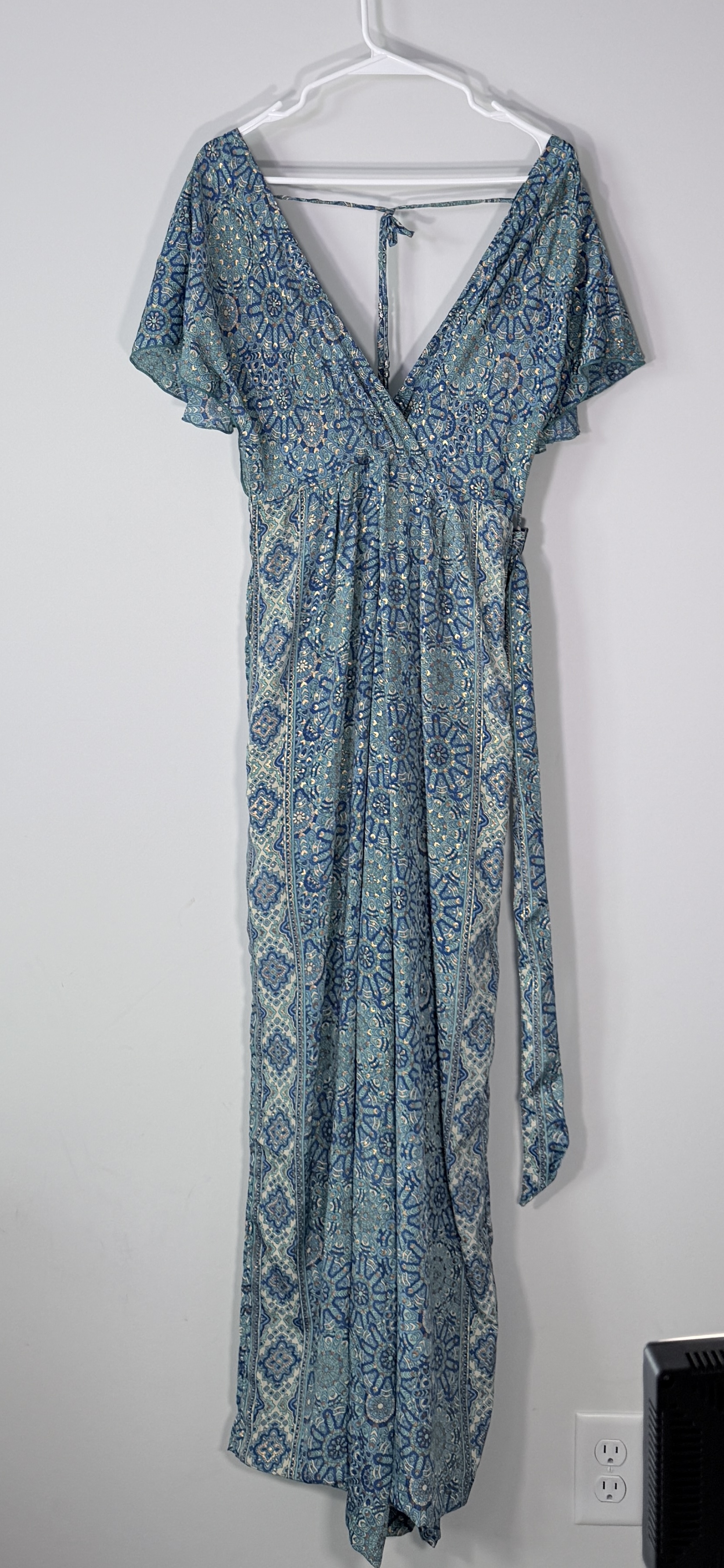 White Waves Blue Tan Floral Paisley Patchwork Wide Leg Open Back Jumpsuit thumbnail 3