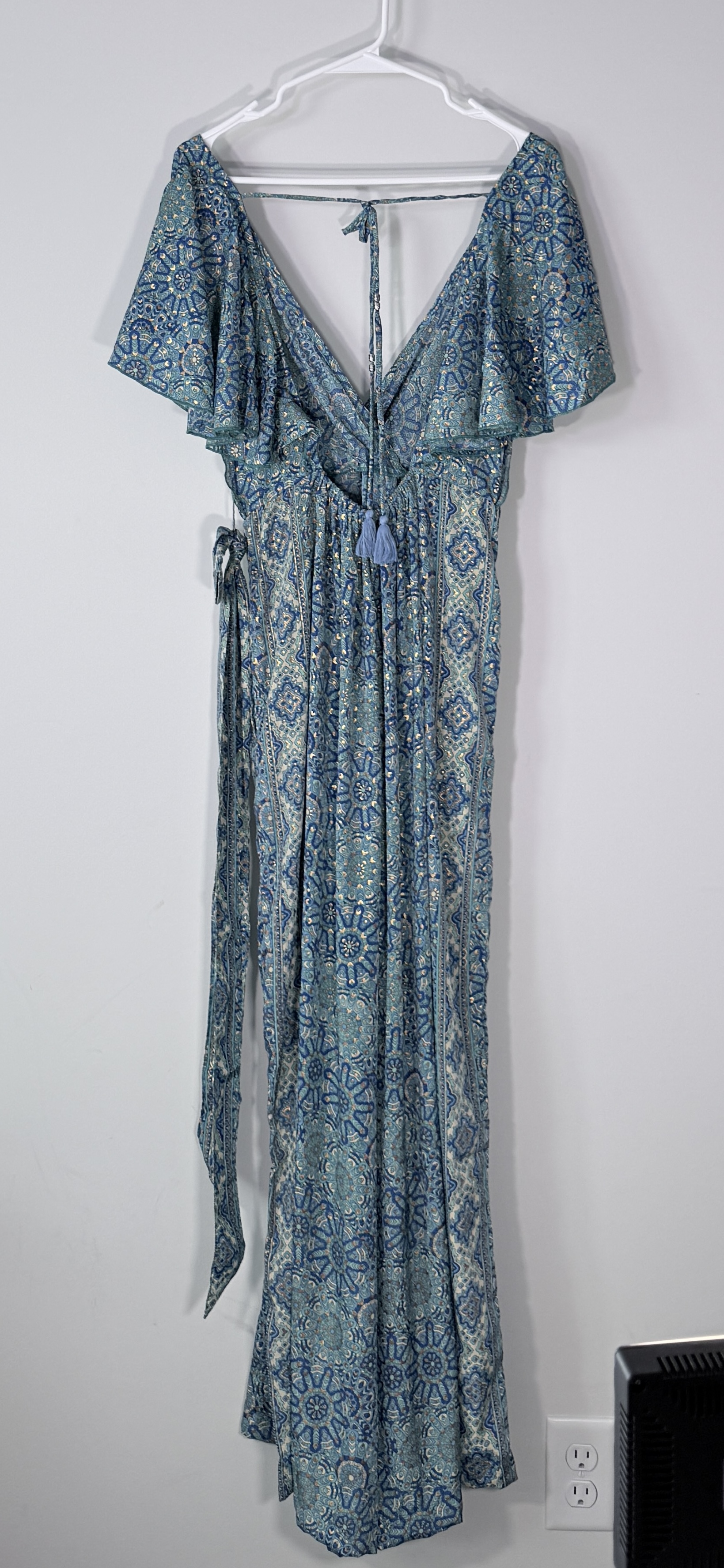White Waves Blue Tan Floral Paisley Patchwork Wide Leg Open Back Jumpsuit thumbnail 4