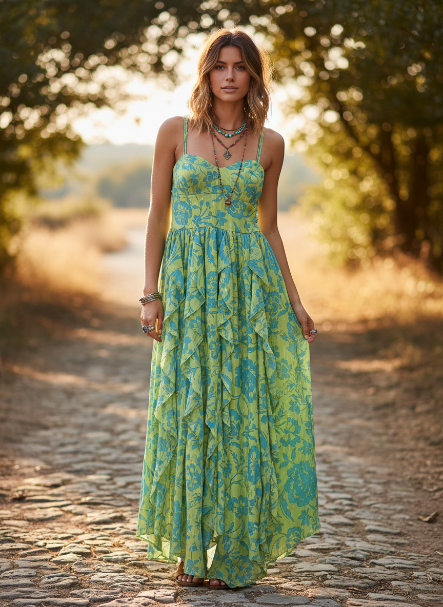 Roosevelt Holly Metallic Tiered Floral Print Dress - Image 1