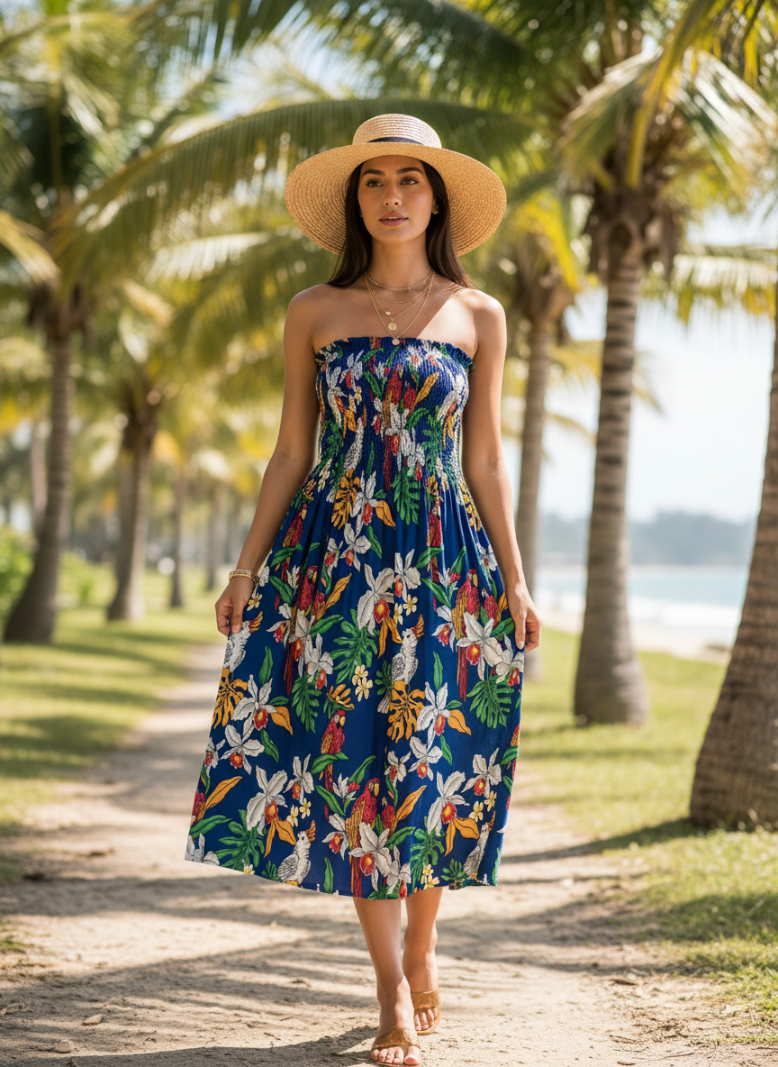 Banana Split Tropical Strapless Smocked Midi Dress thumbnail 2