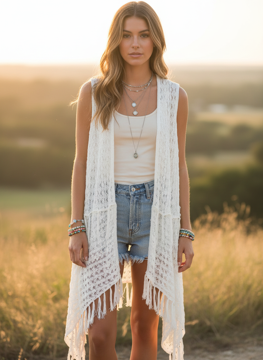 Arizona Jean Co. Boho Crochet Open-Front Fringe Vest Cardigan. - Image 1