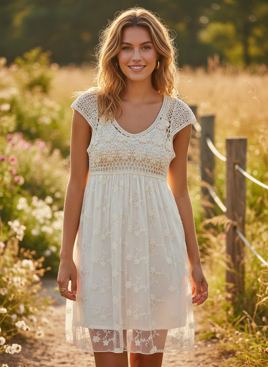 Kaizia Cream Boho Crochet Lace Dress - Image 1