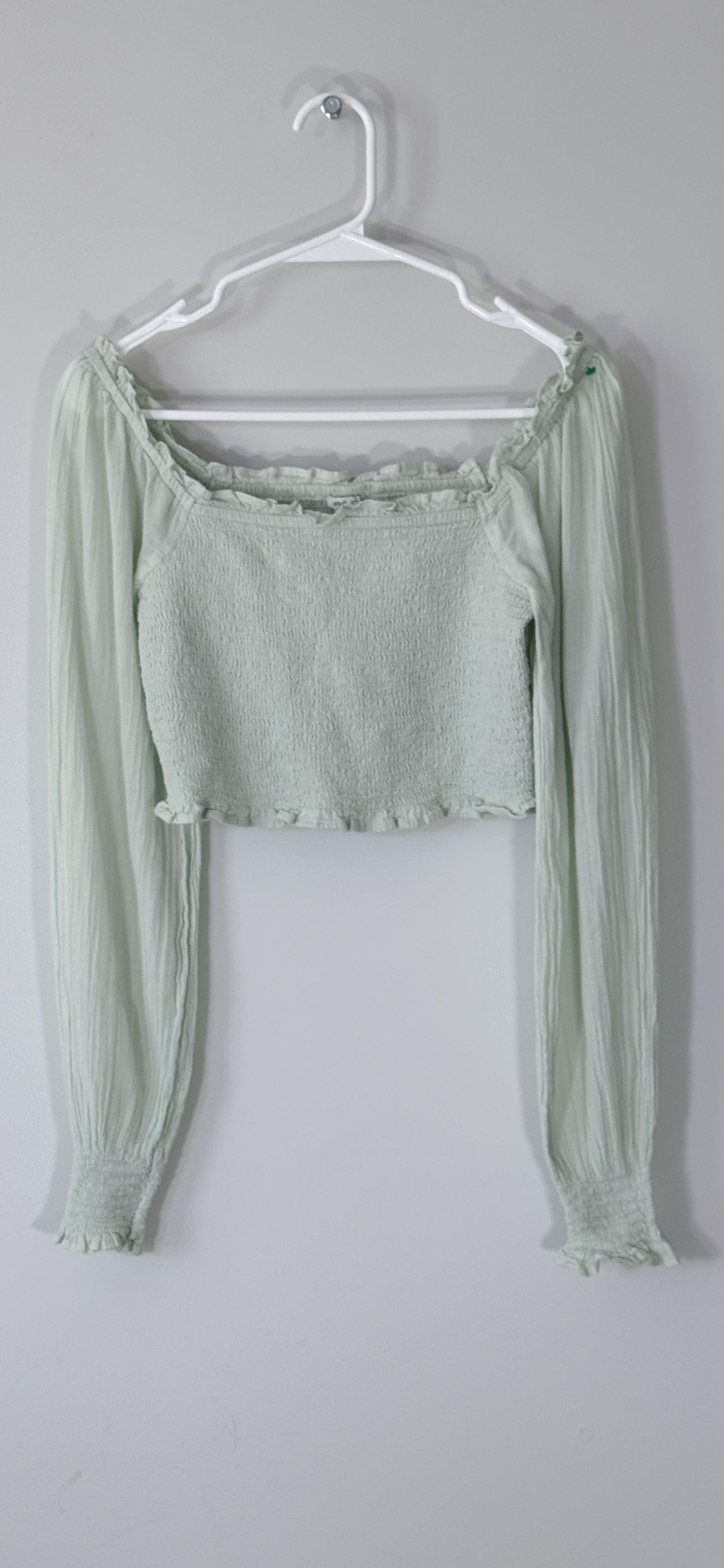 Aerie Sage Green Smocked Square-Neck Long Sleeve Crop Top thumbnail 2