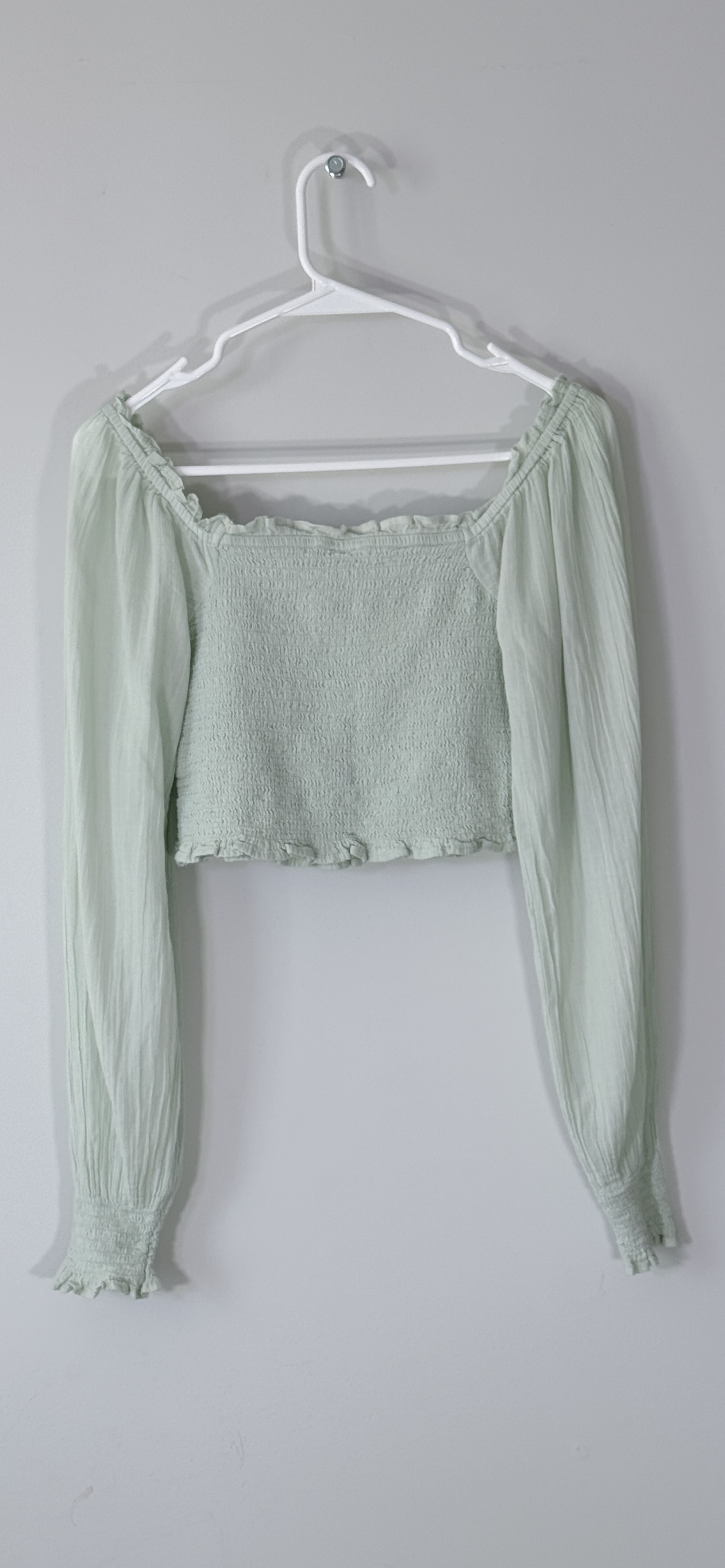 Aerie Sage Green Smocked Square-Neck Long Sleeve Crop Top thumbnail 3