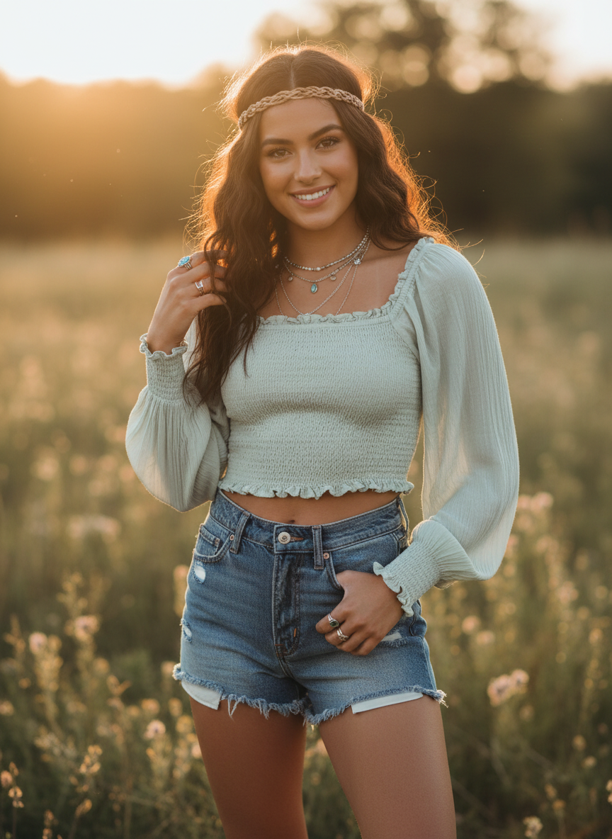 Aerie Sage Green Smocked Square-Neck Long Sleeve Crop Top - Image 1