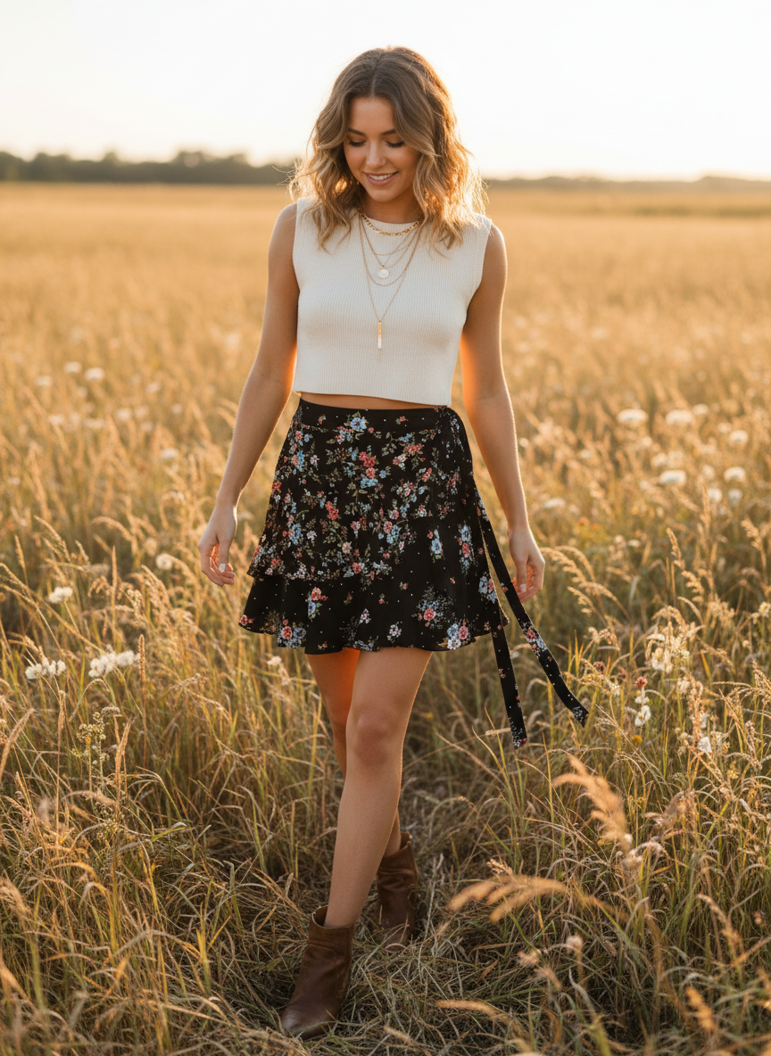 Forever 21 Black Ditsy Floral Ruffle Wrap Skirt - Image 1