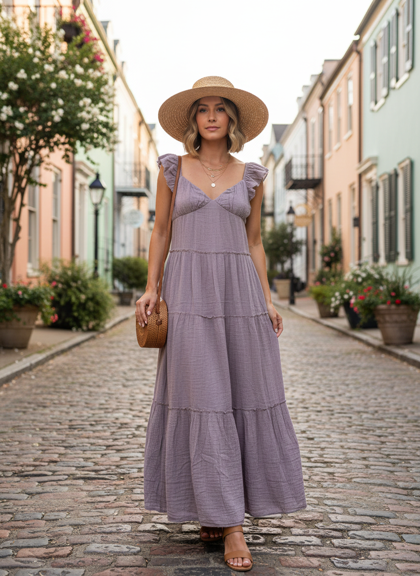 Free the Roses Sweetheart Neck Cotton Gauze Tiered Maxi Dress - Image 1