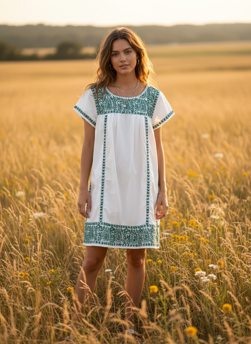 House of Pom White Green Embroidered Cottage Shift Dress - Image 1