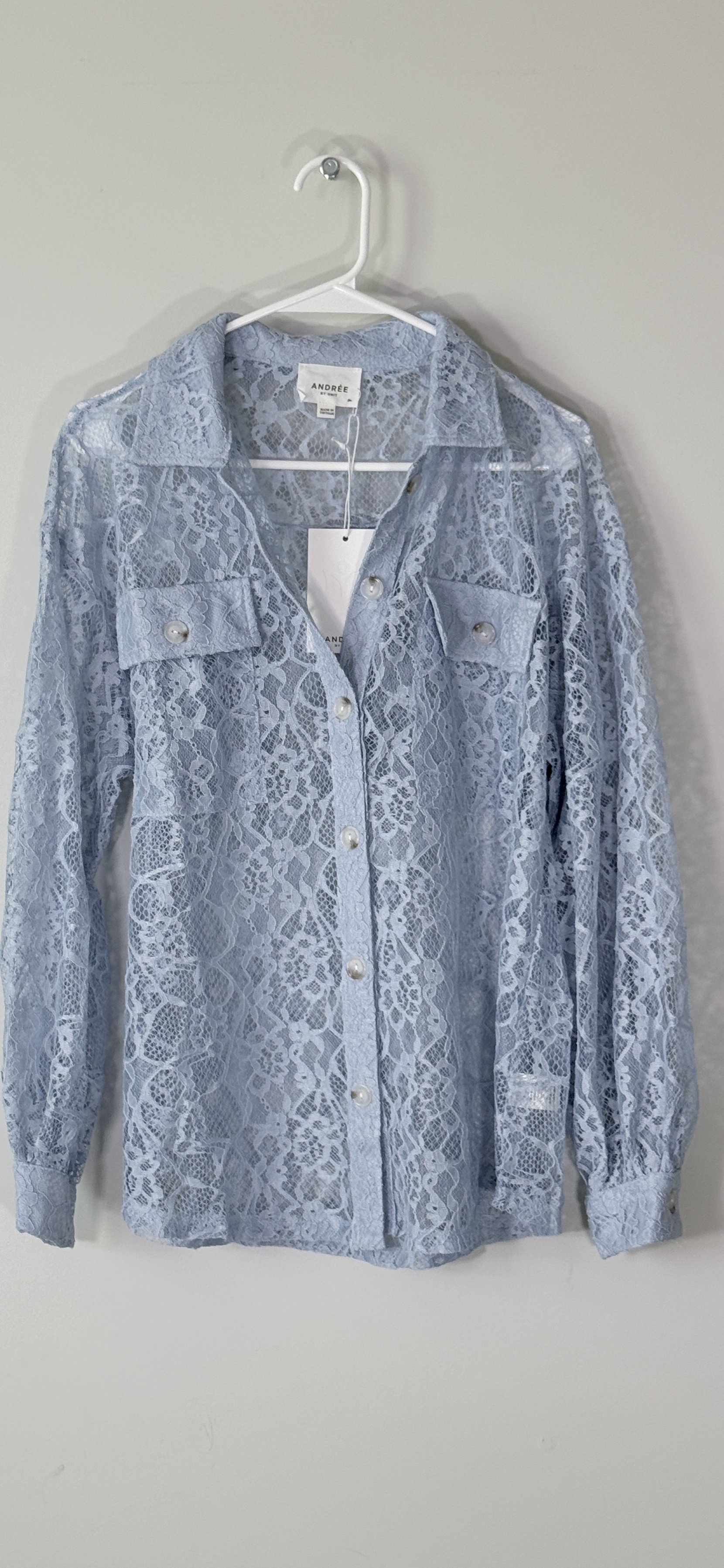 Andree by Unit "Stick Together" Lace Button-Up Shirt in Light Blue thumbnail 2