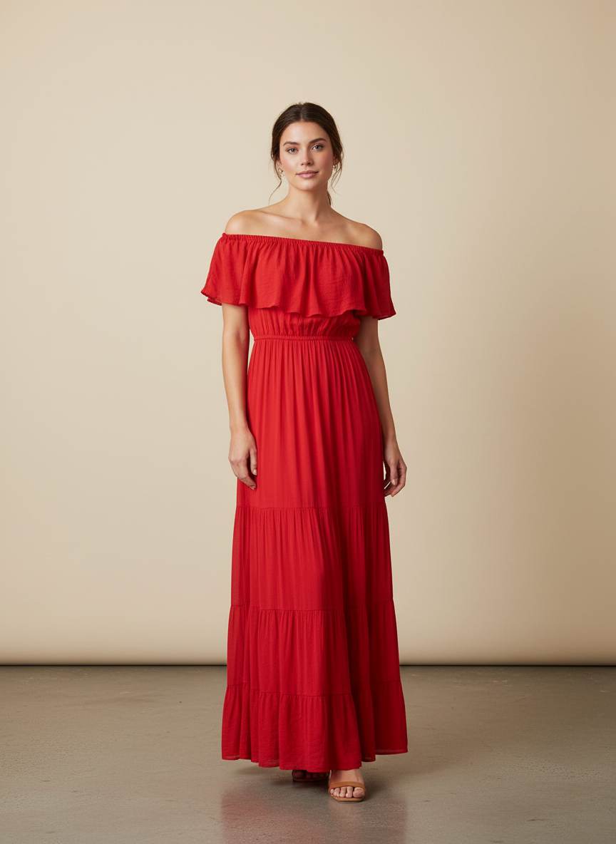 Forever 21 Red Off-The-Shoulder Tiered Maxi Dress - Image 1
