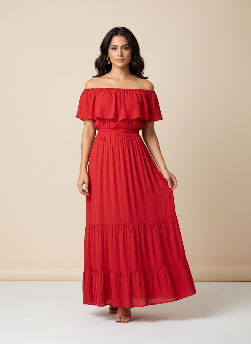 Forever 21 Red Off-The-Shoulder Tiered Maxi Dress thumbnail 2