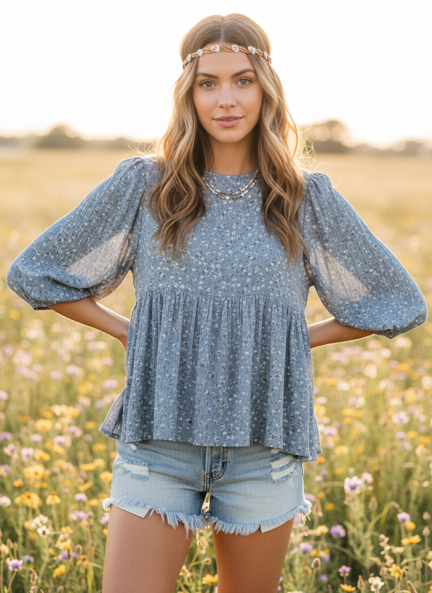 Dress Forum Light Blue Ditsy Floral Print Babydoll Blouse thumbnail 2