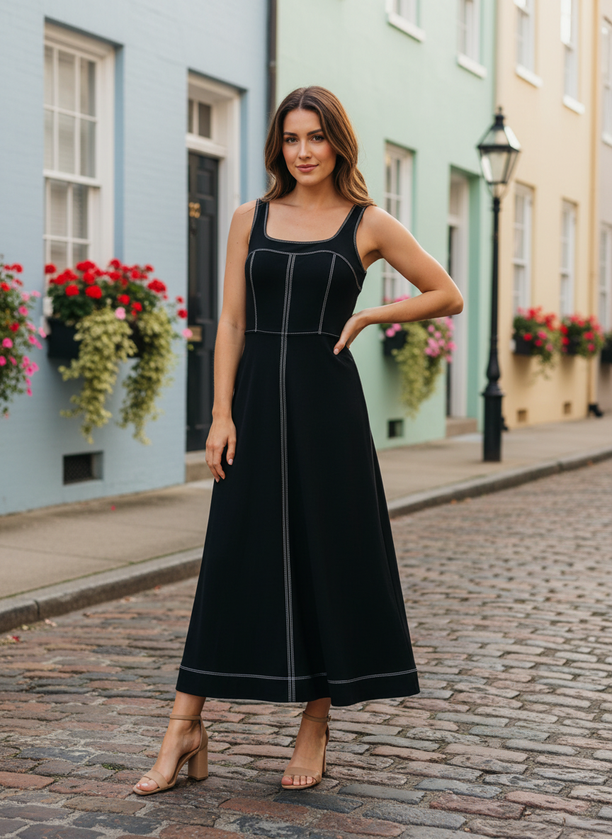LOFT Black Midi Tank Dress with White Contrast Stitching - Image 1