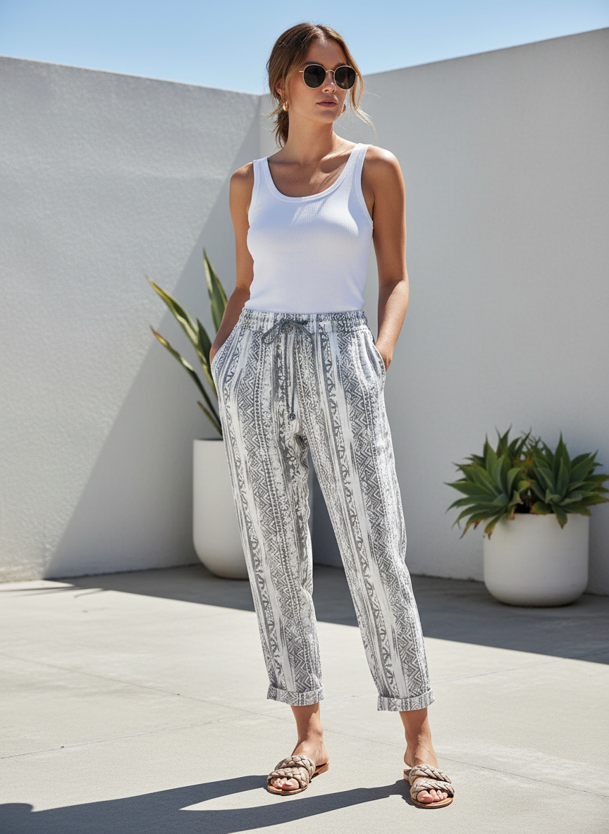 Style Me Gray and White Patterned Cuffed Ankle Pants - Image 1