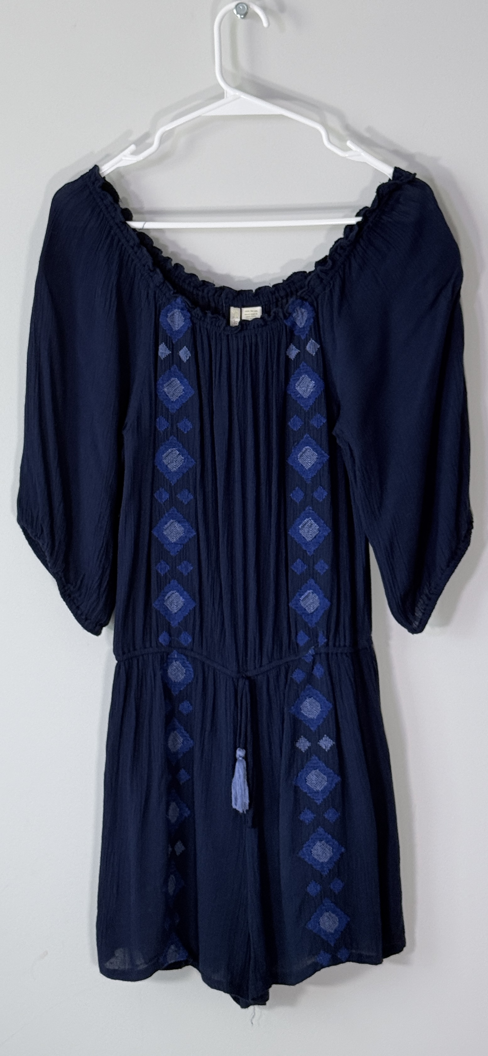 Japana Navy Blue Embroidered Peasant-Style Romper thumbnail 3