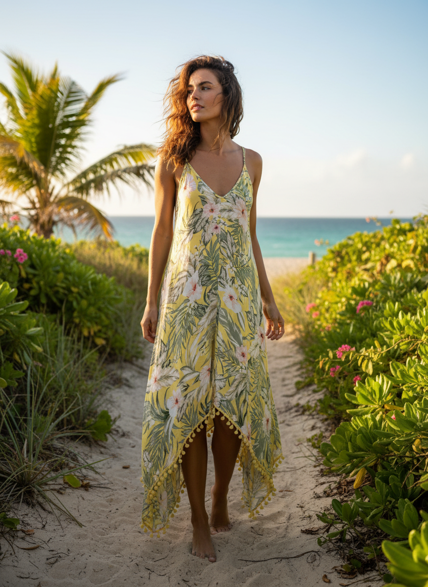 Goa Beachwear by JAPNA Yellow Tropical Floral Pom-Pom Dress - Image 1