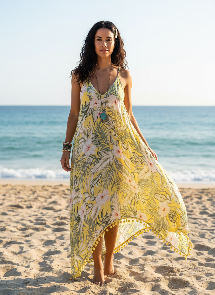 Goa Beachwear by JAPNA Yellow Tropical Floral Pom-Pom Dress thumbnail 2