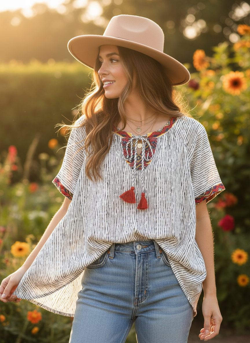THML Short-Sleeve Bohemian-Style Peasant Blouse - Image 1