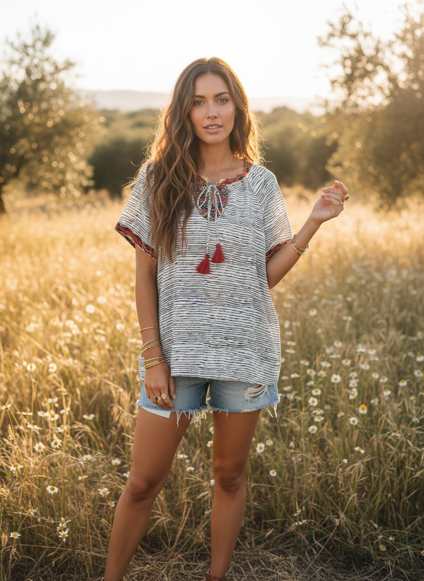 THML Short-Sleeve Bohemian-Style Peasant Blouse thumbnail 2