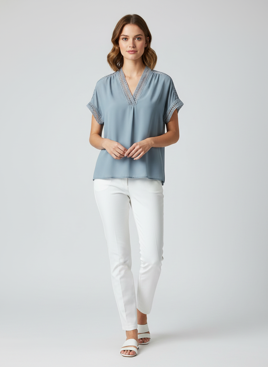Max Studio Short-Sleeve Lace-Trim V-neck Blouse thumbnail 2