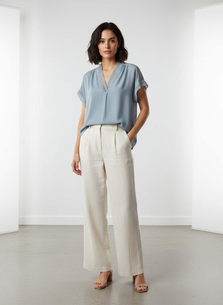 Max Studio Short-Sleeve Lace-Trim V-neck Blouse - Image 1
