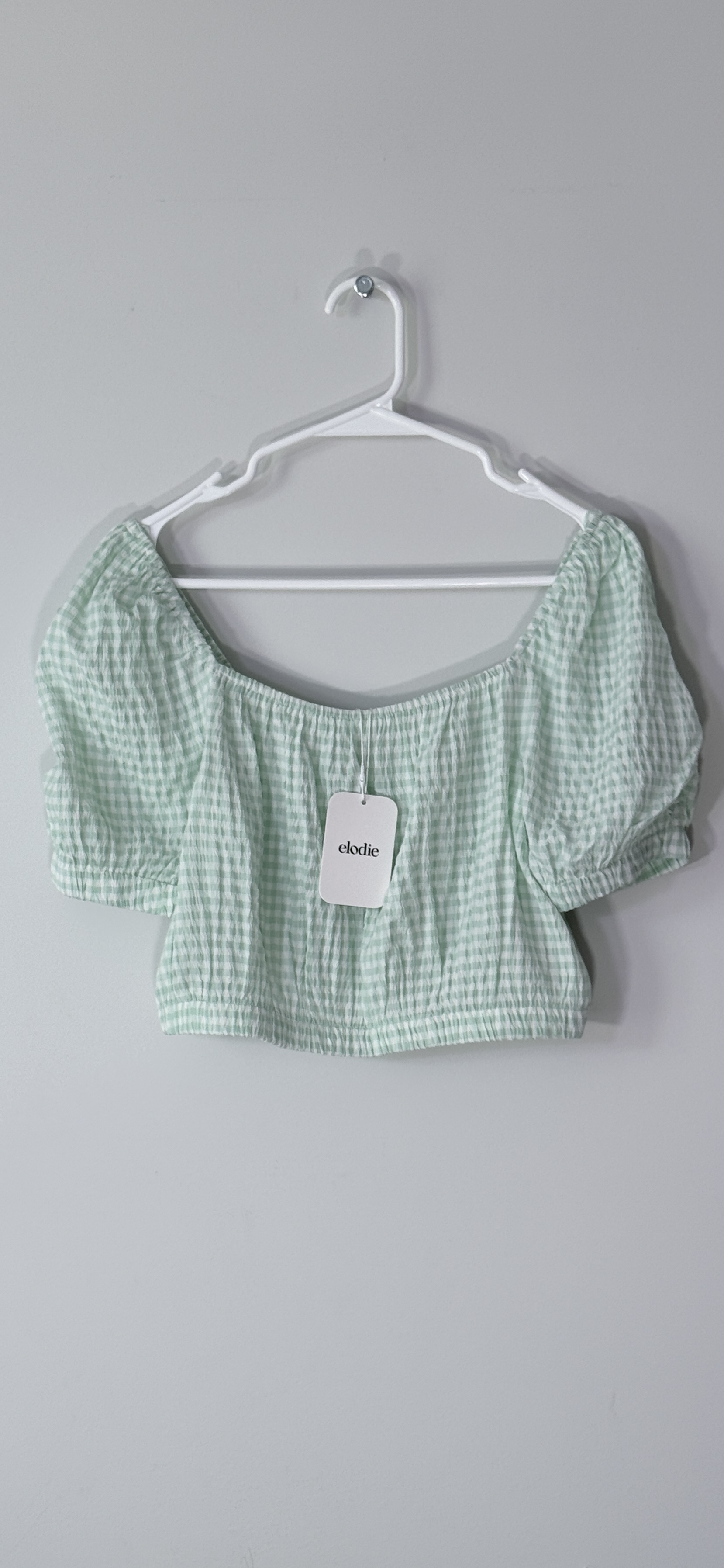 Elodie Mint Green Gingham Puff Sleeve Crop Top thumbnail 3