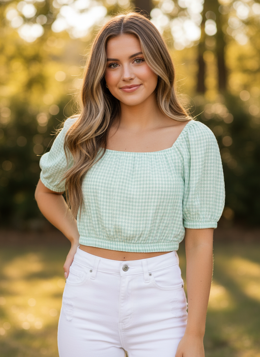 Elodie Mint Green Gingham Puff Sleeve Crop Top - Image 1