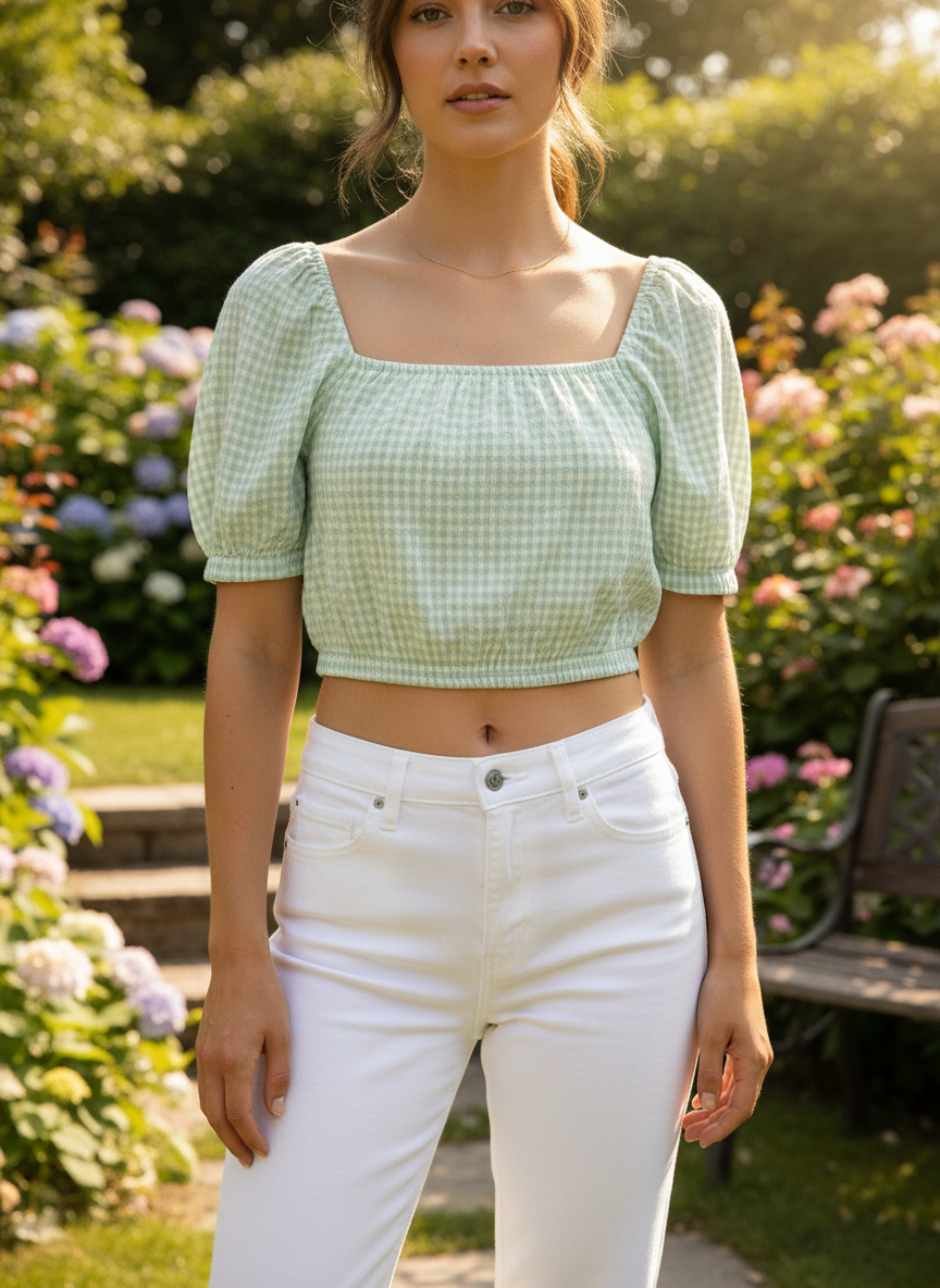 Elodie Mint Green Gingham Puff Sleeve Crop Top thumbnail 2