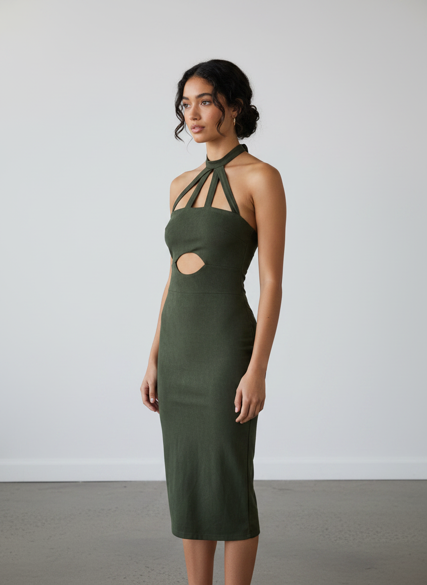 Fashion Nova Olive Green Faux-Suede Bodycon Midi Dress - Image 1