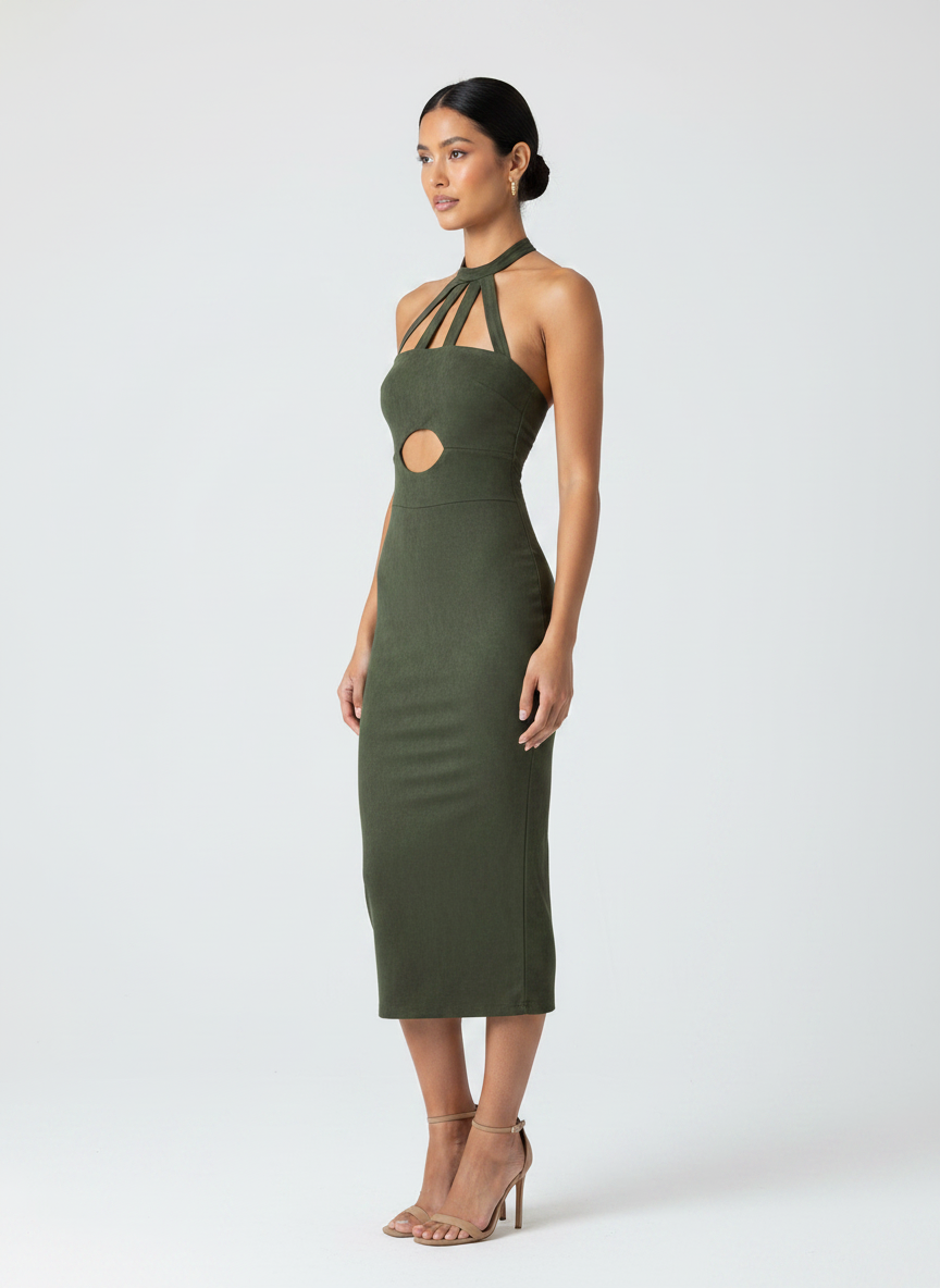 Fashion Nova Olive Green Faux-Suede Bodycon Midi Dress thumbnail 2