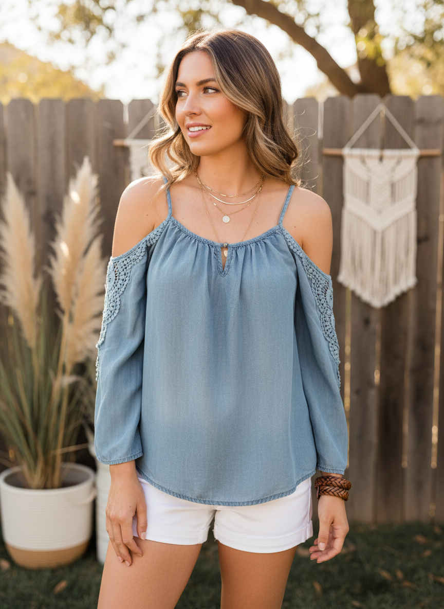Knox Rose Cold Shoulder Crochet Top in Light Wash. - Image 1