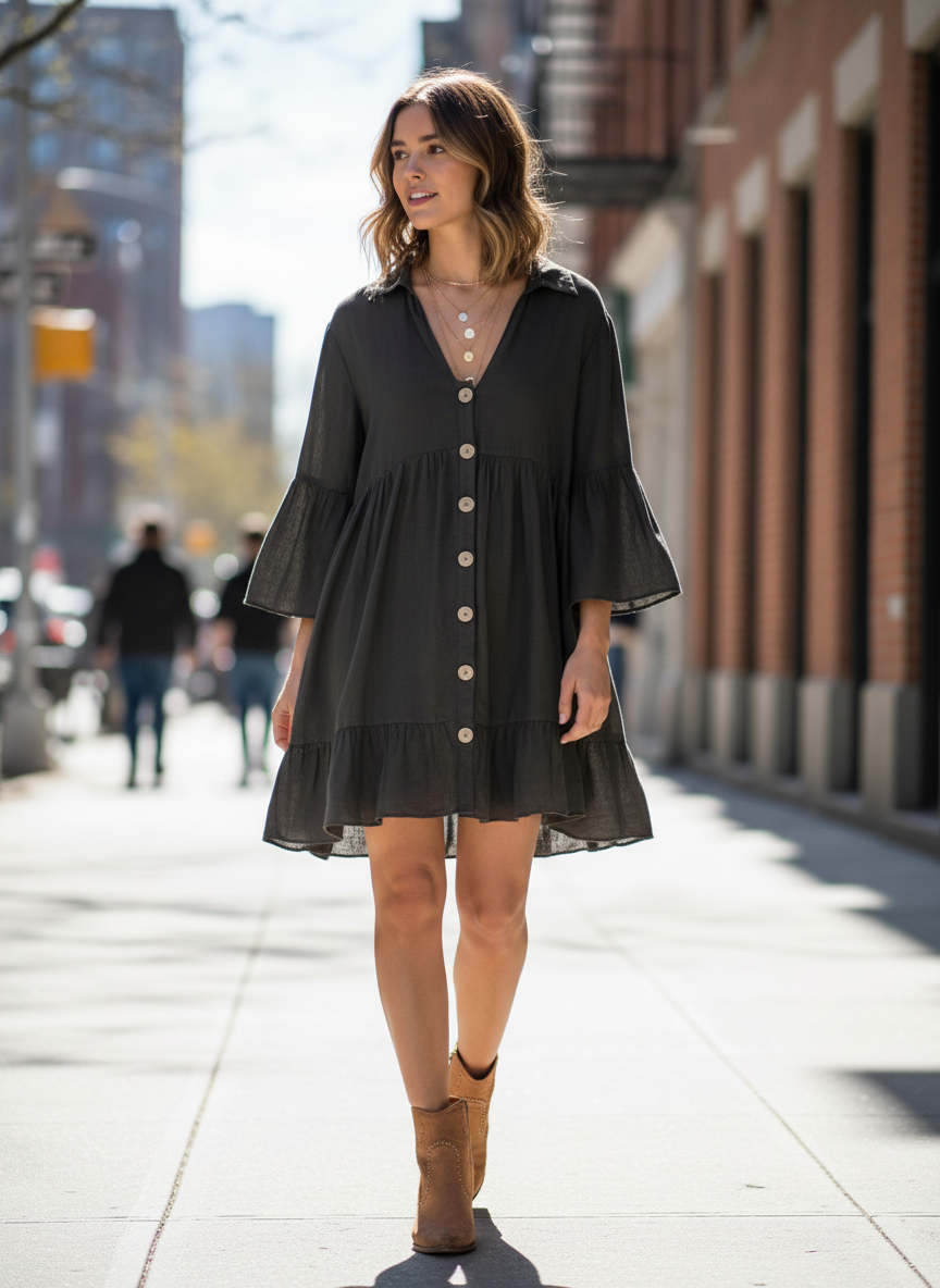 Zara Oversized Linen-Blend Buttoned Mini Tunic Dress thumbnail 2